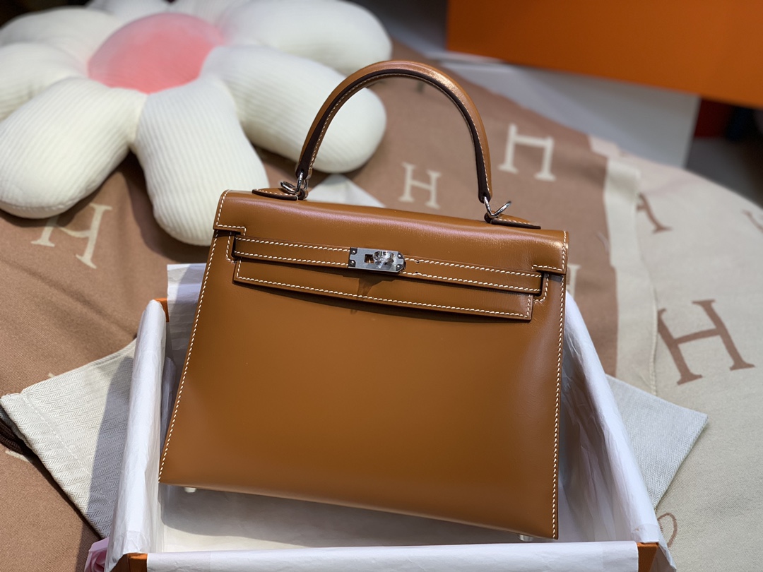 Hermes Kelly 25cm Handbag Shoulder Bag in Brown Box Leather